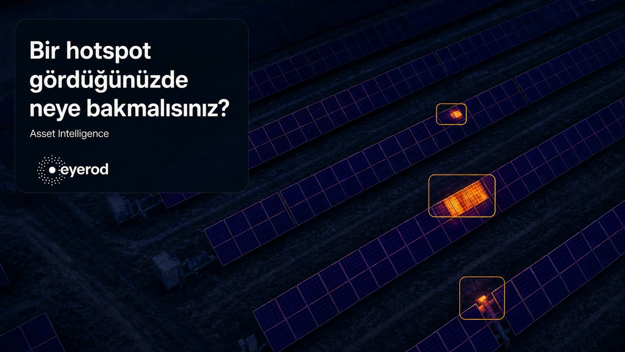 GES panel dizilerinin termal görüntüsü; modül ve ekipman üzerinde işaretlenmiş hotspot bulguları