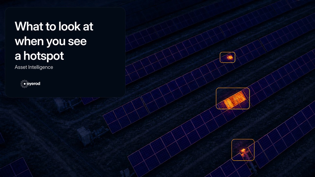 Thermal image of solar module rows with hotspot findings marked on modules and equipment